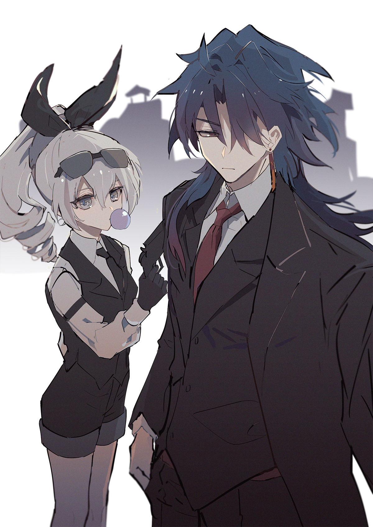 the image shows a girl and a boy in anime style. the girl is wearing a black and white outfit with sunglasses and has a bubble in her mouth. the boy is wearing a black suit with a red tie. the girl is holding a gun in her hand. the boy is looking down at the girl, and she is looking at the boy. the background is a blur of light and dark colors.