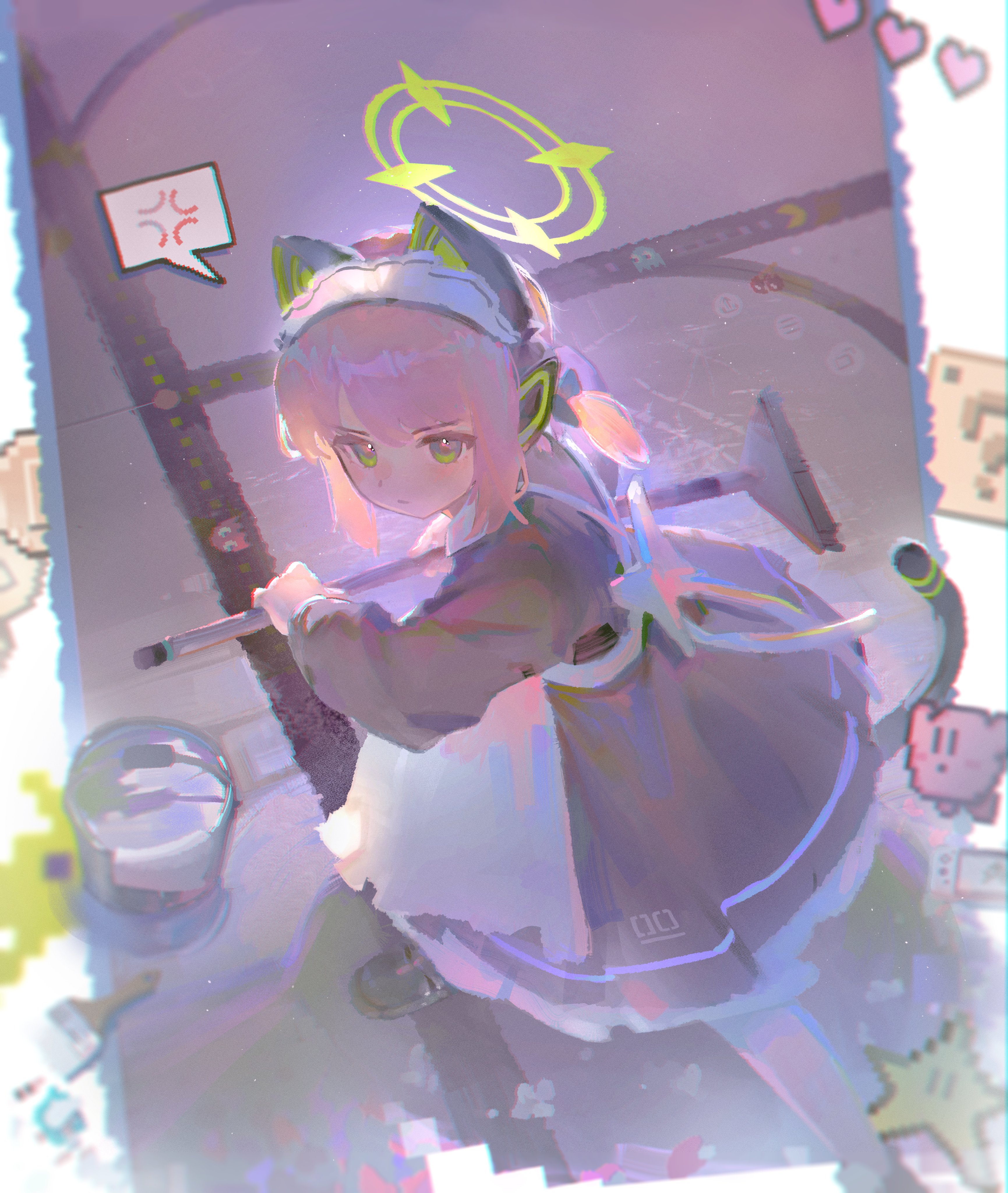 the image features a cute anime girl styled as a catgirl maid. she is shown from a high angle, seemingly frustrated as she cleans the floor with a futuristiclooking mop. her outfit combines maid attire with technological elements like cat ear headphones. the environment suggests a modern, digitallyinfused space, possibly a bedroom or gaming room. the lighting is soft and diffused, utilizing a palette of pastel colors which adds to the overall kawaii aesthetic of the piece.