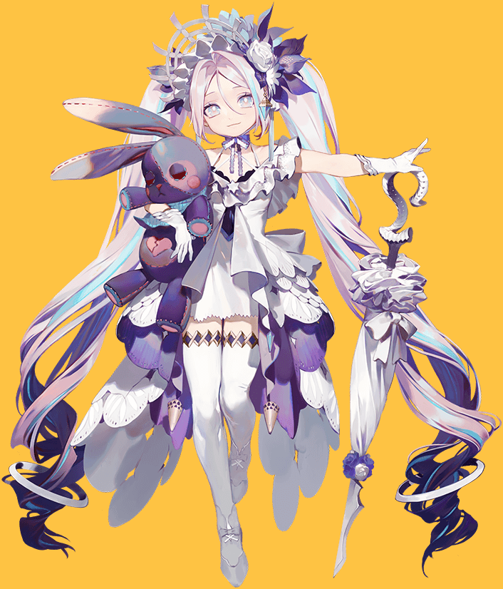 a young anime girl with long, flowing white hair styled in twintails stands against a solid yellow backdrop. she wears a white and purple dress and matching gloves, and she holds a purple stuffed bunny in one hand and a closed white parasol in the other. her expression is cheerful and welcoming.