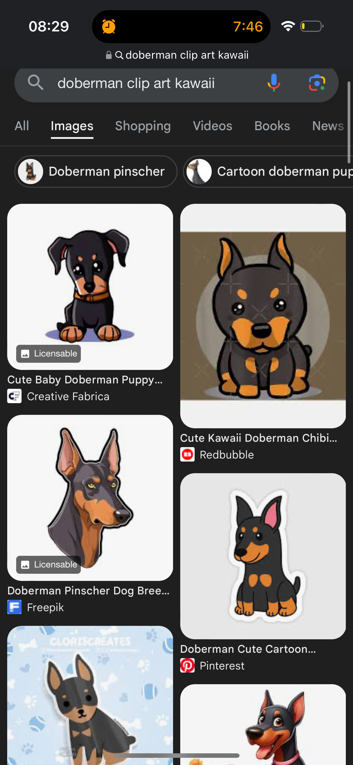 the image shows a grid of 6 images, each with a different cartoon rendering of a doberman dog. the images have a variety of styles, from a simple and cute style to a more detailed and realistic style. the images are all set against a white background. the images are all labeled with the source of the image, such as creative fabrica, redbubble, and pinterest. the images are all related to the keyword "doberman".