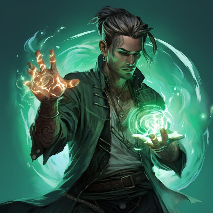 a fantasy illustration of a male wizard, holding a glowing orb in his hand,  with another orb glowing in the background, surrounded by green and blue energy in a dark backdrop.