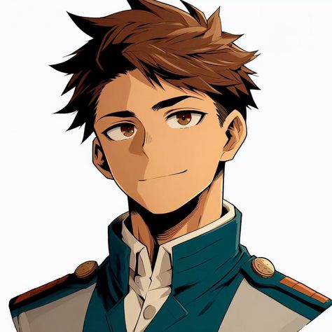 this is a digital illustration of a young man with brown hair and brown eyes. he has a gentle smile and is wearing a green and white uniform. the style of the drawing suggests that he may be a character from an anime or manga.