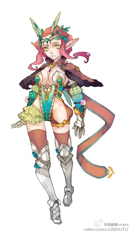 this is a drawing of a female anime elf warrior. she has long pink hair, green eyes, and is wearing a blue and white armor. she has a sword strapped to her back and is holding a green shield in her left hand. she is standing in a heroic pose. the background is a simple white background.