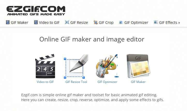 the image is a screenshot of the ezgif.com website, which is an online gif maker and image editor. the website provides tools for creating, resizing, cropping, optimizing, and applying effects to gifs. the screenshot shows the logo, the menu bar with different gif tools, and the main section with icons for video to gif, gif resize tool, gif optimizer, and gif maker. the bottom of the image includes a short description of the website and its purpose.