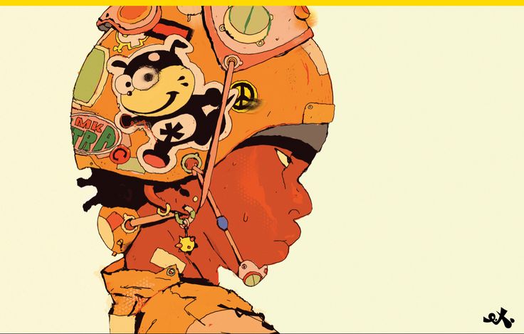 this is a digital illustration of a person wearing an orange helmet with various stickers on it. the helmet is on the left of the image and a light orange/yellow background is to the right. the person appears to be a young man. the helmet is adorned with stickers that are very colorful.  the helmet is facing to the right. there is a small black sticker of a person in a running stance in the bottom right corner of the image.  the image has an 80s comic book style to it.