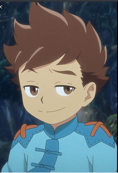 a young, lightskinned anime character with brown, spiky hair, brown eyes and a knowing smirk. he is wearing a light blue collared shirt with darker blue accents. the background is a blurred out forest.
