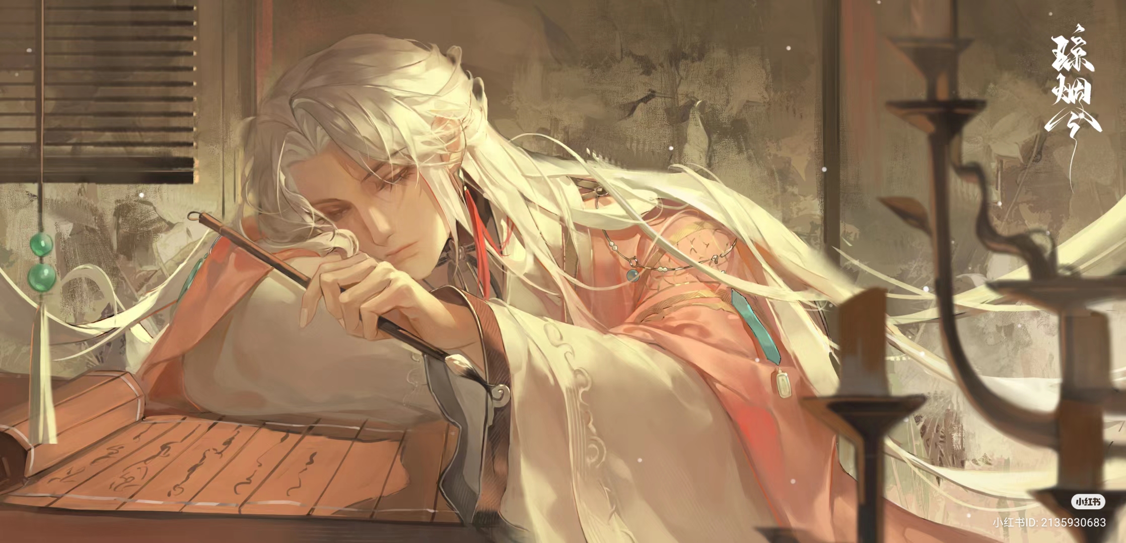 the image showcases a young man with long, flowing white hair, dressed in elegant, flowing robes with pink and green accents. he appears to be asleep, his head resting on a long scroll laid out on a wooden desk. a brush, seemingly slipping from his grasp, rests on the scroll filled with intricate calligraphy.  warm, soft light streams through a window with bamboo blinds on the left, illuminating the scene. the overall ambiance is one of peace and serenity, hinting at a moment of quiet contemplation or perhaps exhaustion after a long period of writing. the setting appears to be a traditional east asian study, with candles and decorative elements adding to the atmosphere.