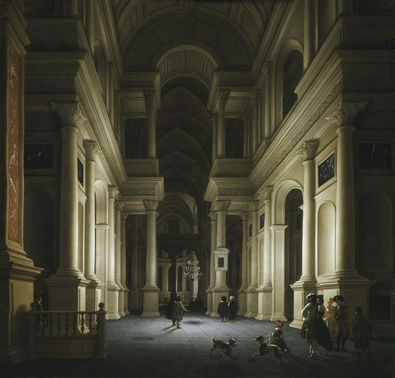 this is a painting of the interior of a grand church or cathedral, done in a style reminiscent of johannes vermeer. the architecture features massive pillars and columns supporting vaulted ceilings and arches. light streams in, creating stark contrasts and long shadows. several people and dogs are present in the scene, adding a sense of scale and activity to the vast space. the atmosphere is both aweinspiring and intimate.
