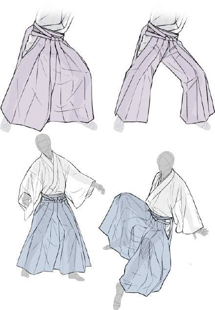this image showcases four different ways of wearing a traditional japanese hakama. the hakama is a pleated, widelegged trouser worn over a kimono and is a significant piece of clothing in various martial arts, including aikido, judo, and kendo. the image depicts how the hakama can be styled and adjusted for different activities and occasions. it represents the aesthetic beauty and cultural significance of traditional japanese clothing.