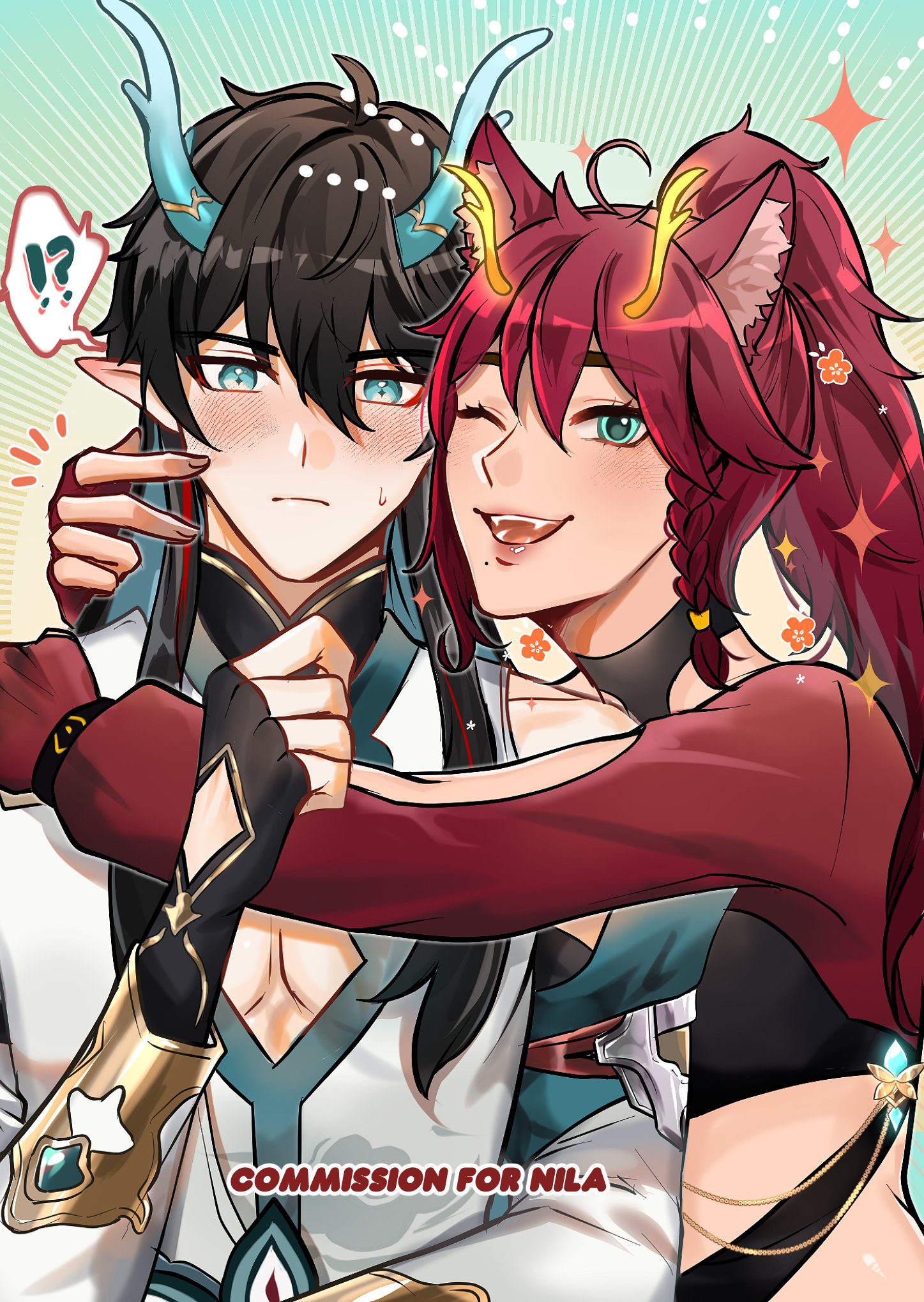 this is a fan art illustration of two genshin impact characters. the male character is a young man with black hair and blue eyes. he is wearing a white and blue outfit with gold accents. he is blushing and has a surprised expression on his face. the female character is a young woman with red hair and blue eyes. she is wearing a red and white outfit with gold accents. she is winking and has a cheerful expression on her face. the two characters are hugging each other, and the male character is looking at the viewer with a puzzled expression. the background is a light blue with white and gold sparkles. the image is captioned "commission for nila" at the bottom.