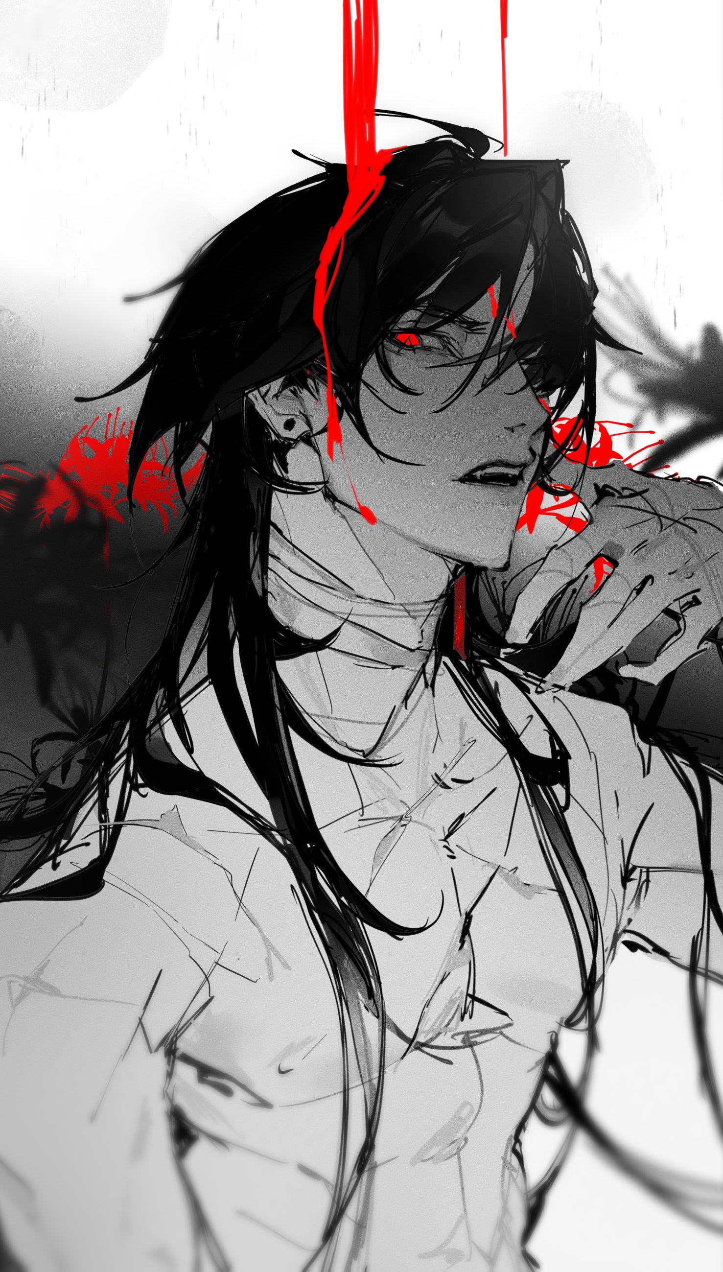 a black and white illustration of an anime character with long black hair. the character's eyes are red and their face has a serious expression. there are red streaks of blood throughout the image, suggesting violence. the character is wearing a white shirt and is holding one hand up to their face. the image is drawn in a dramatic style and the character looks angry and upset.
