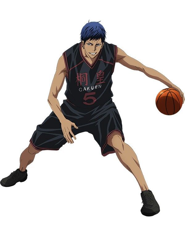 the image showcases an anime character dressed in a basketball jersey and shorts. he has blue hair and is in a middribble action, holding a basketball with his right hand, his left arm outstretched. he is focused and ready for the game, displaying a determined expression.