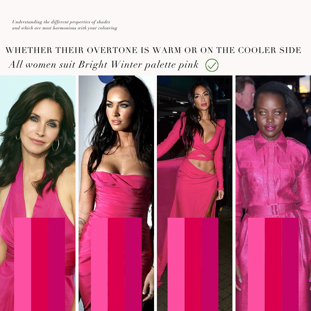 the image presents a color analysis concept focusing on identifying whether a pink shade is "warm" or "cooltoned." it features four women (megan fox, courteney cox, nicole scherzinger, and lupita nyong'o) all wearing different shades of pink.  each woman's image is accompanied by a vertical swatch showing a range of pink hues.  the text indicates that all these women's complexions suit a "bright winter" color palette. the goal is to illustrate the nuances of pink and how understanding undertones helps determine the most flattering shades for one's coloring.