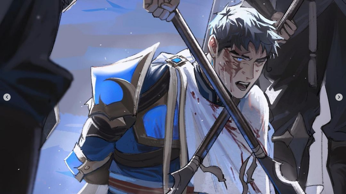 the image depicts a young man, heavily armored in blue and silver, likely a warrior, in the midst of a fierce battle. he is wounded, with blood staining his face and white cloth, and appears to be captured or restrained by two figures holding spears on either side of him.  his expression is one of pain and defiance. the background suggests a cold, bright battlefield. the art style is semirealistic with a focus on dynamic posing and expressive features.