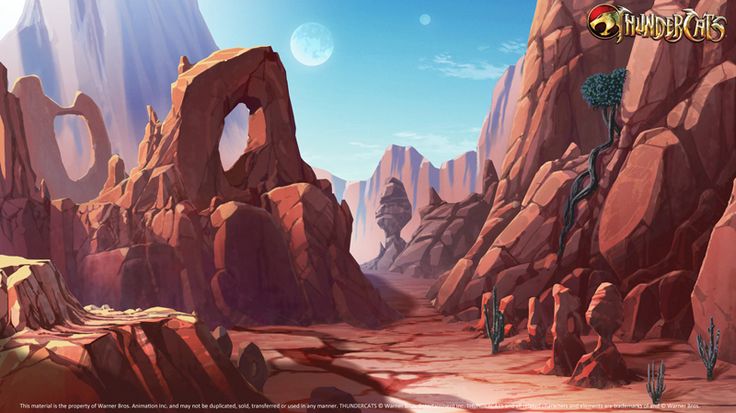 the image is a cartoonstyle landscape featuring red rock formations, cacti, and a lone tree in a desert environment. there are mountains in the background, and the sky has a moon and some clouds. the thundercats logo is in the upper right corner, and a copyright notice for warner bros. animation is at the bottom.
