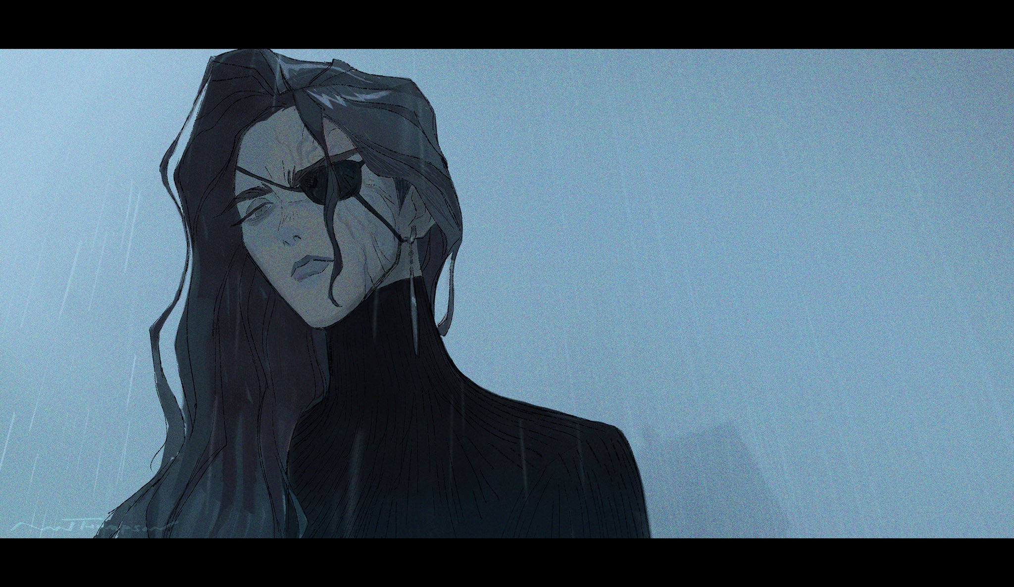 a digital art illustration of a woman with long dark hair and a black turtleneck sweater. the woman is looking down, with her eyes closed and a melancholic expression. she has an eyepatch over one eye, suggesting an injury or loss. rain is falling in the background, enhancing the mood of the piece.