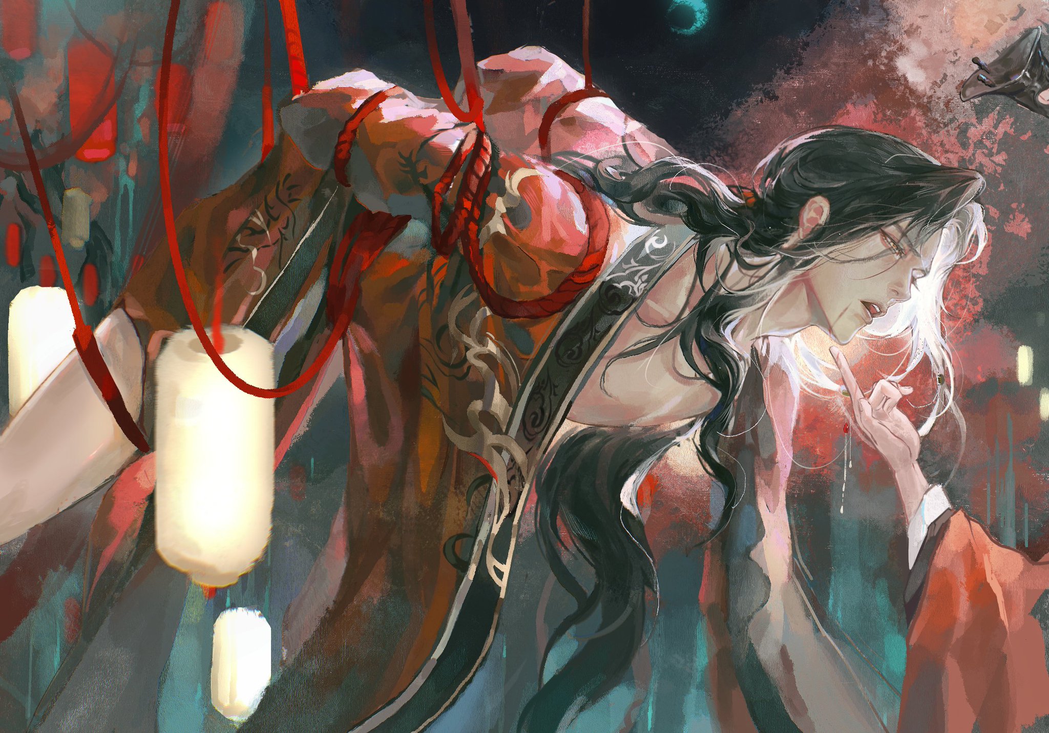the image is a digital painting of two characters, one male and one female, dressed in traditional chinese clothing. the male character is tied up with red ropes and seems to be injured. the female character is touching his face and appears to be in distress or sorrow. the painting is set in a dark and mysterious environment, with red, black, and white dominating the color scheme. the image suggests a story of love, loss, and suffering.