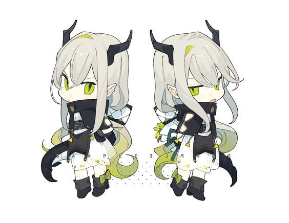this is a character design sheet for an anime girl with green eyes and long white hair. she has large black and yellow horns and a matching dragon tail. she is wearing a black and white dress, thigh highs, and gloves. the character is posed with her hands on her hips and a confident expression.