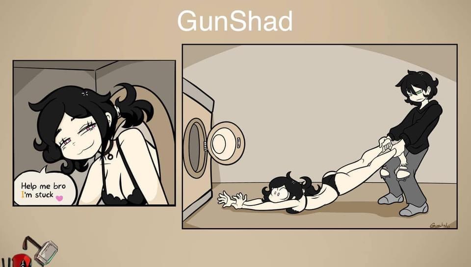 a cartoon comic strip with three panels showing a woman stuck in a washing machine. in the first panel the woman is trapped and says to her brother, "help me bro i'm stuck". the second panel shows a man pulling the woman out of the machine. the third panel shows the woman lying on the ground as if she's been dragged through the machine and is now very dirty and bruised.