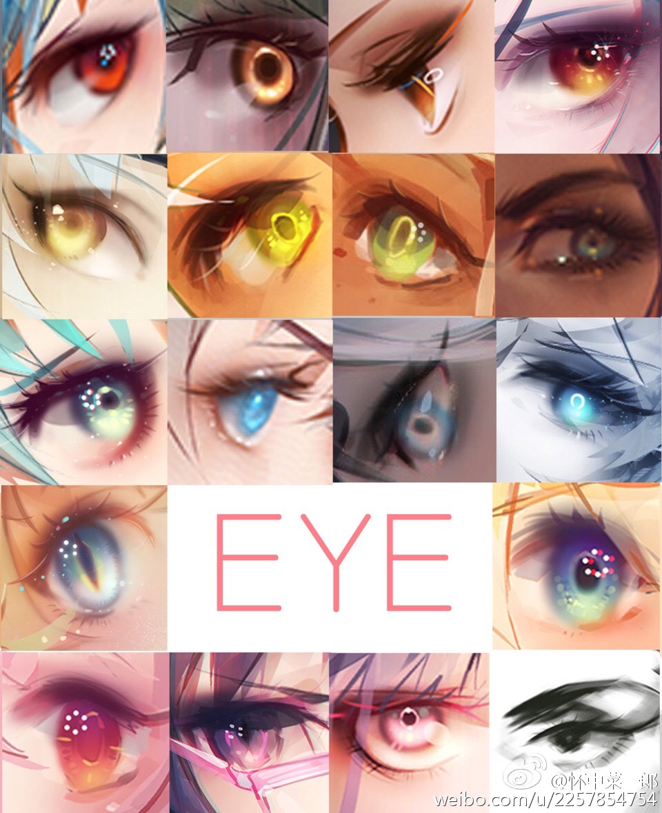 a collage of different anime eyes drawn in various styles, with the word "eye" in a pink rectangle in the middle. the eyes are all bright and colorful, with a lot of detail, and some have glitter or sparkle effects. the collage is a great example of the diversity and creativity of anime art.