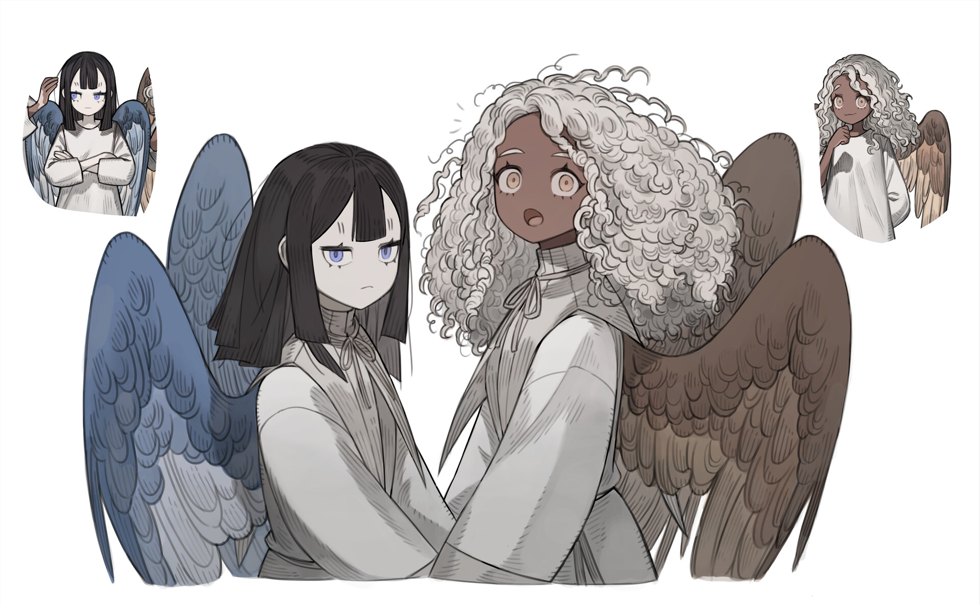 this is a sketch or concept art of two angels, potentially designed for a story or game. they're drawn in a stylized, semirealistic manner. the angel on the left has dark hair and bluetoned wings, while the angel on the right has white, curly hair and browntoned wings. they both have surprised expressions.