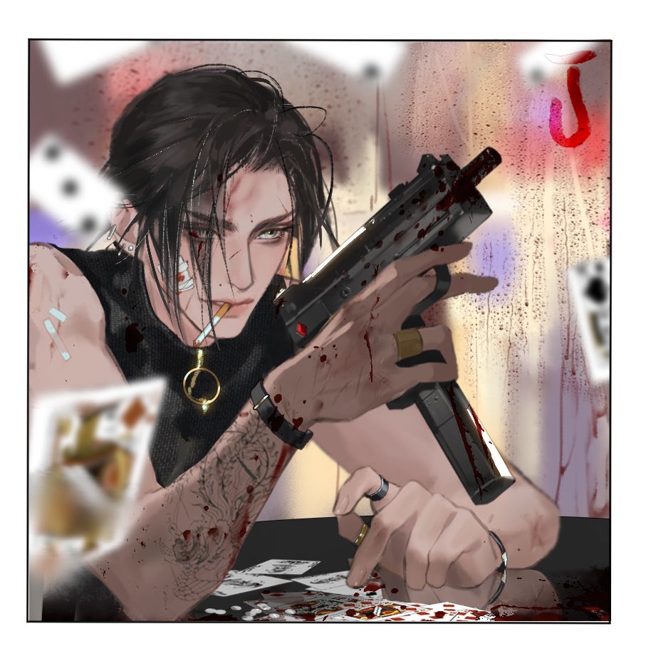 the image showcases a young man with dark hair and pale skin in a tense situation. he