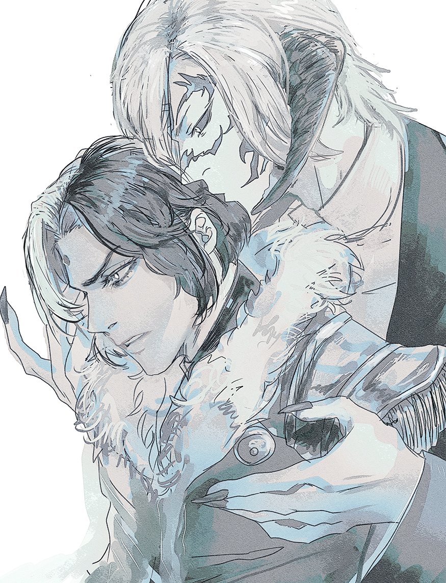 this is a grayscale illustration of two anime characters. the character on the left is a male, and the character on the right is another male with horns on his head and a monsterlike face, he appears to be a demon. the characters are embracing each other and are shown as an affectionate couple. the image has a soft and romantic tone, with the characters' features and expressions being emphasized. the details are not fully completed as the illustration looks like it's in a sketch stage.