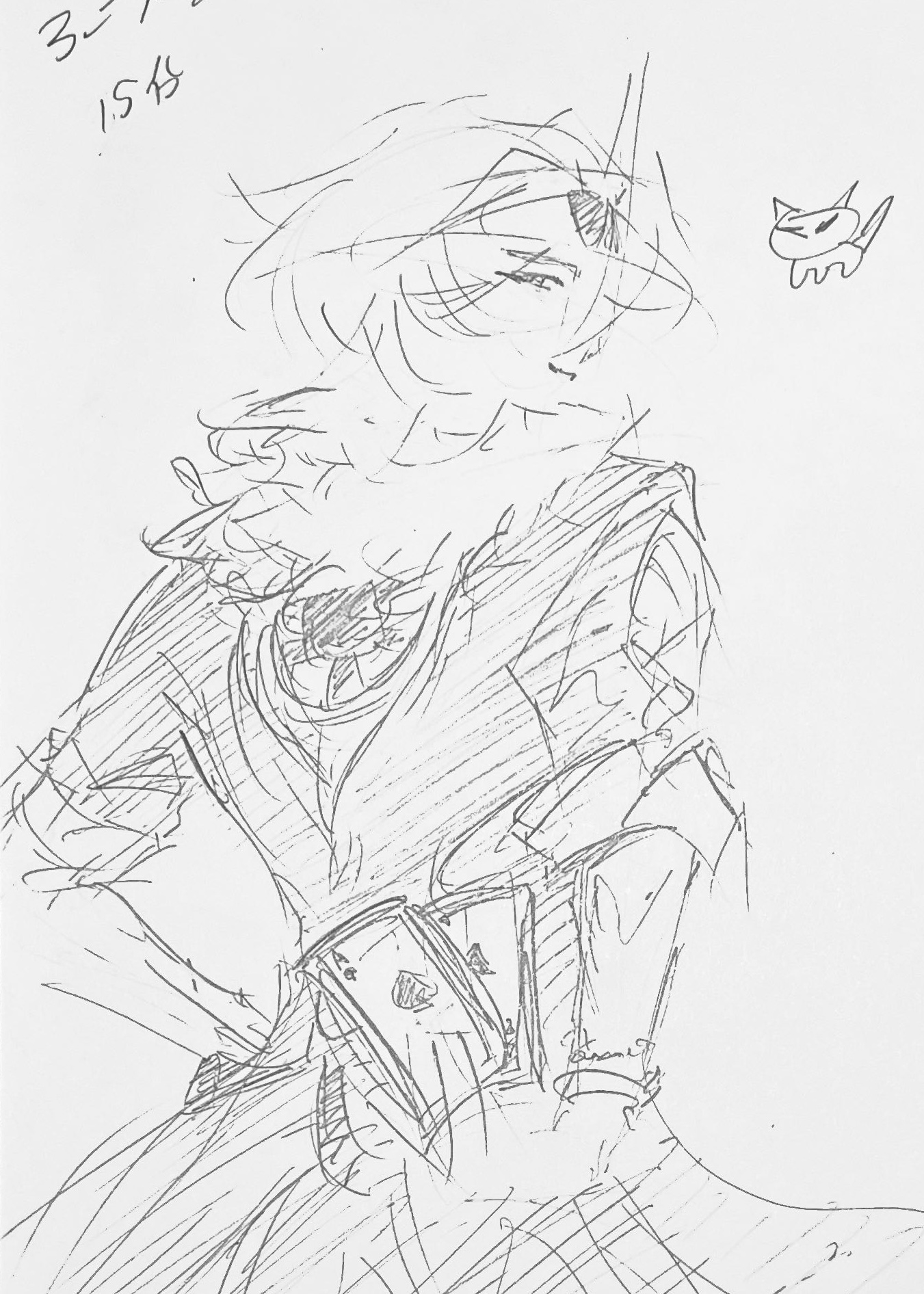 a sketch drawing of a person in anime style. the person wears a jacket with a fur collar and holds playing cards, including the ace of spades. a cat sketch is next to the person. there are scribbles on the top left and bottom right.