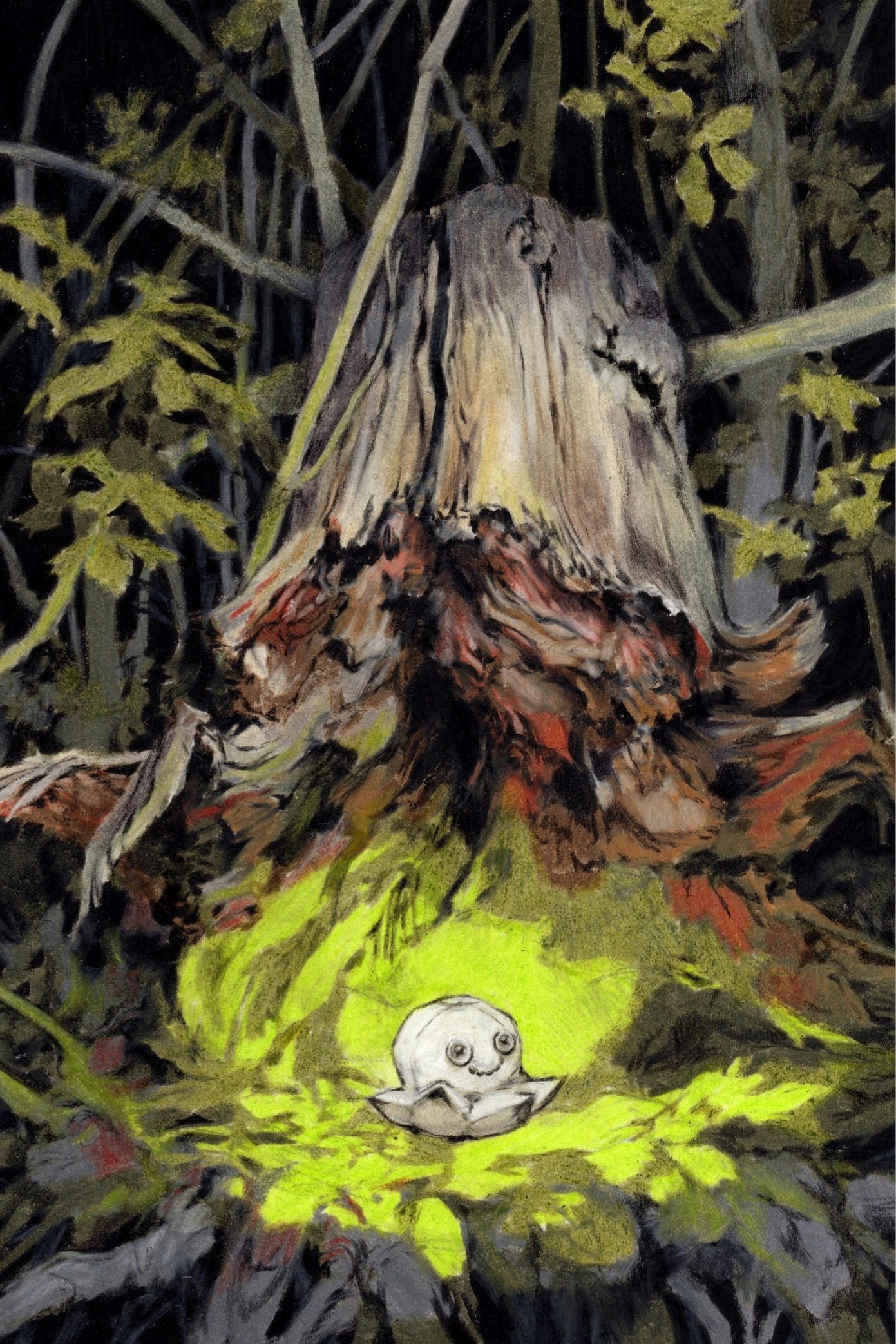 the image is a detailed, artistic painting or illustration depicting a decaying tree stump in a dark forest setting. the stump is large and textured, showing its age and the process of decomposition.  the colors are muted and dark, mostly browns, grays, and blacks, with hints of red and gold in the wood.  a bright, almost phosphorescent, yellowgreen light emanates from the base of the stump, illuminating a small, whimsical creature resembling a mushroom or a small, friendly alien. the creature has a simple, round head with eyes and a small smile, sitting in the luminescent area. the overall mood is mysterious, slightly eerie, yet whimsical and fantastical. the style is reminiscent of a combination of nature illustration and surrealist art, with strong attention to detail in the texture and rendering of the wood and the environment.
