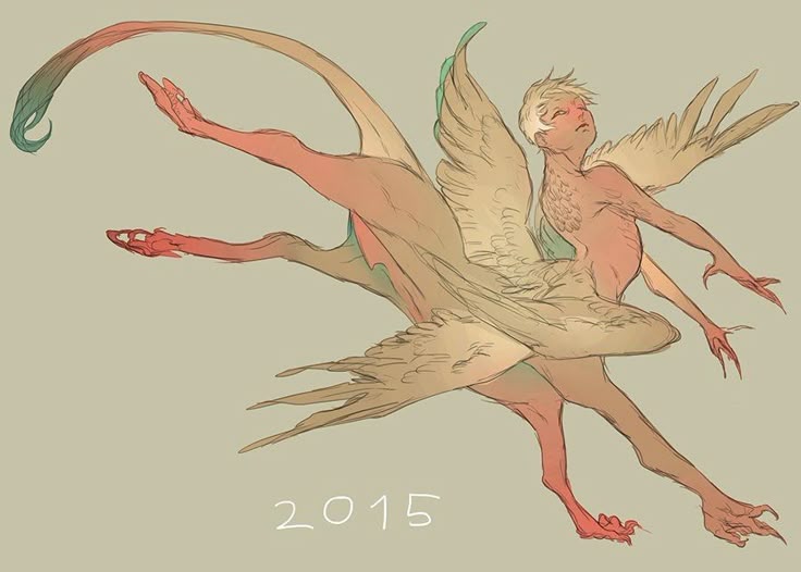 a drawing of a harpy, a mythical creature with the torso of a human and the lower body of a bird. the harpy has pale skin, blonde hair, and bird wings. it has human legs but birdlike feet with talons. it also has a long tail. the artwork is dated "2015".