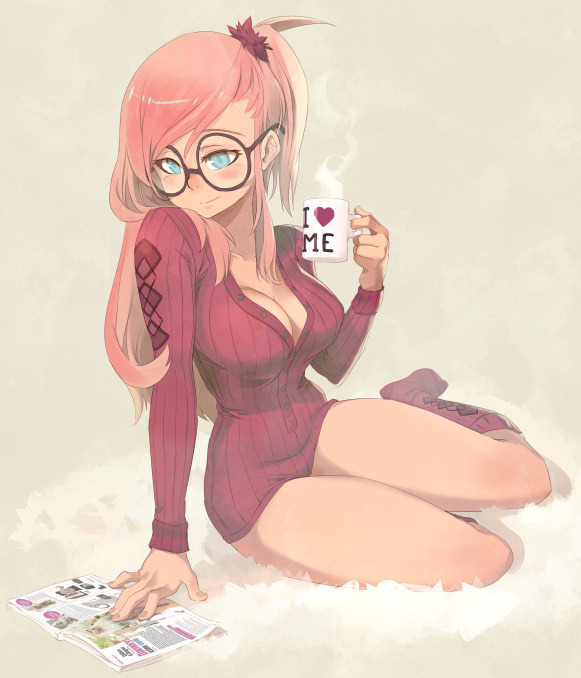 a young anime girl with pink hair is sitting on a white furry floor with her legs crossed, sipping from a mug that says "i love me" on it. she is wearing a red sweater that has a slightly plunging neckline and is holding a magazine in her hand. the girl has on glasses with a light blue lens and has a pink bow in her hair. she is looking to the left of the picture frame.
