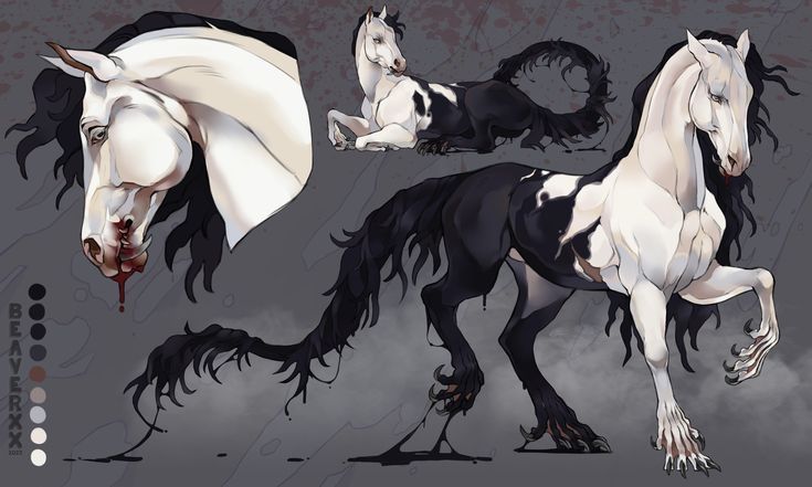 the image is a digital illustration of a fantastical horselike creature. the design is primarily black and white, with the horse's head and parts of its body being white, while the rest is black. the horse is depicted in three different poses: a closeup of its head with blood dripping from its mouth, a reclining pose, and a standing pose. the creature has a somewhat surreal and monstrous appearance, with a long, jagged tail and clawlike hooves. the overall style is stylized and detailed.