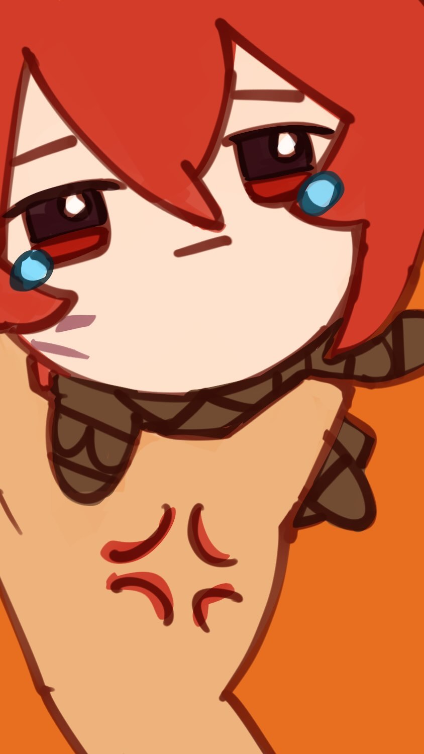 the image is a digital drawing of a chibistyle anime character. the character has bright red hair, and is shown from the chest up. they are wearing a dark brown rope around their neck, and have tears streaming down their face. their expression is one of sadness and anger, with several small angry symbols drawn on their chest. the background is a solid orange. the art style is simple and slightly rough, with visible brushstrokes.