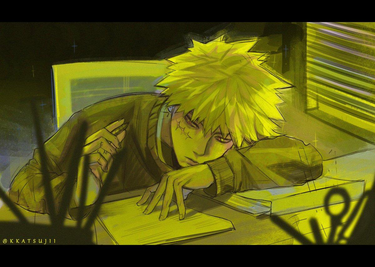 a digital illustration of katsuki bakugo, a male anime character, sitting at a desk with his head resting on a book. his bright blonde hair is messy and stands up. he has a tired expression on his face and his left hand is resting on a book while his right hand is holding a pencil that is sitting on a piece of paper. he appears to be studying, but he is also very tired. the art style is illustrated and has a dark yellow and green color scheme. the background is dark with a window with blinds in the background. the artist's signature, @kkatsuji1, is in the bottom left corner.