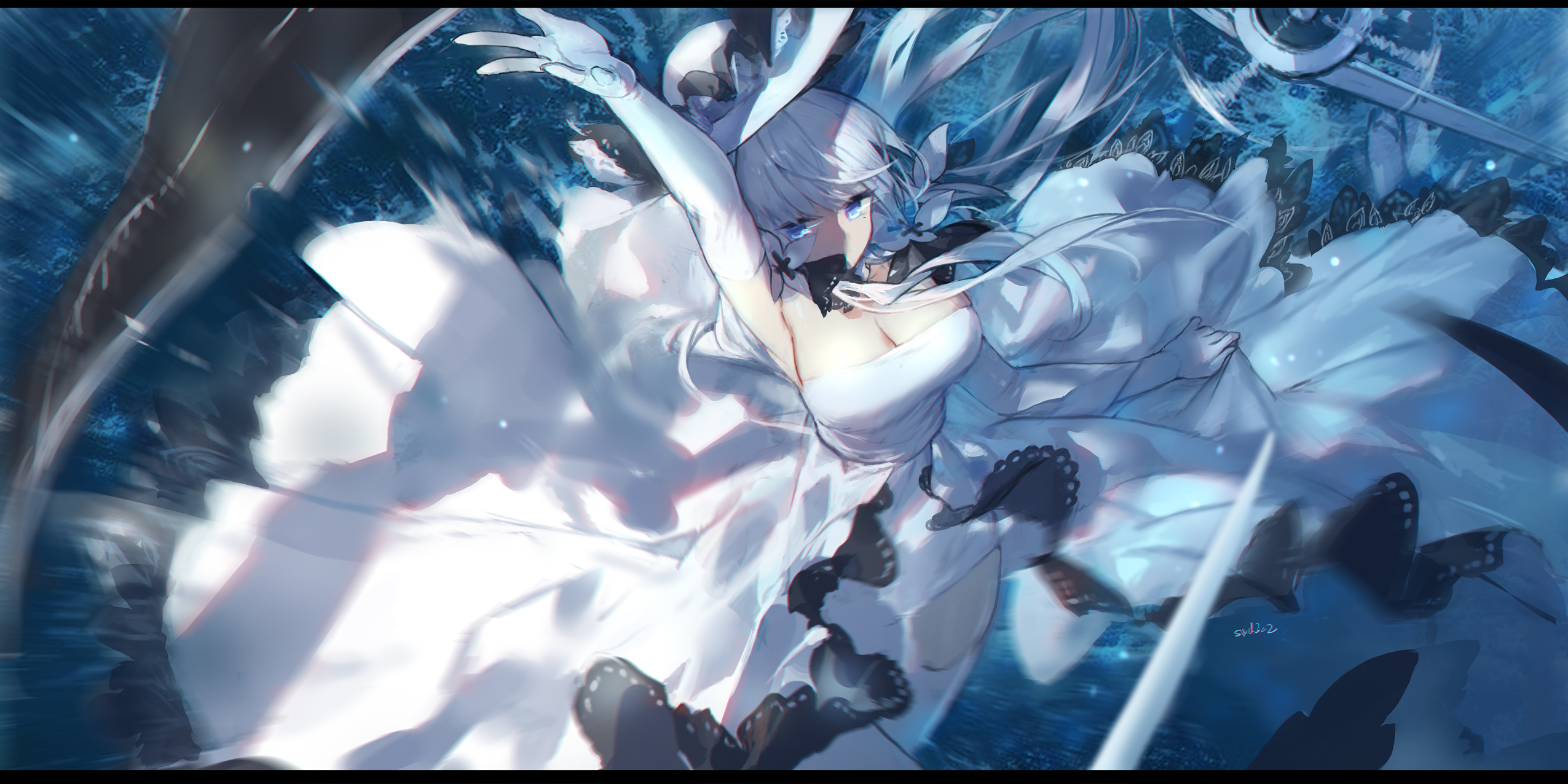 the image is a digital painting of an animestyle girl with long white hair and blue eyes. she is wearing a flowing white dress adorned with black butterflylike details. she appears to be floating or suspended in midair, with motion blur suggesting movement. the background is a dark blue, suggesting water or a stormy sky, and there are streaks of light that add to the dynamic feel of the piece. the overall style is ethereal and magical, with a focus on the girl's beauty and grace.