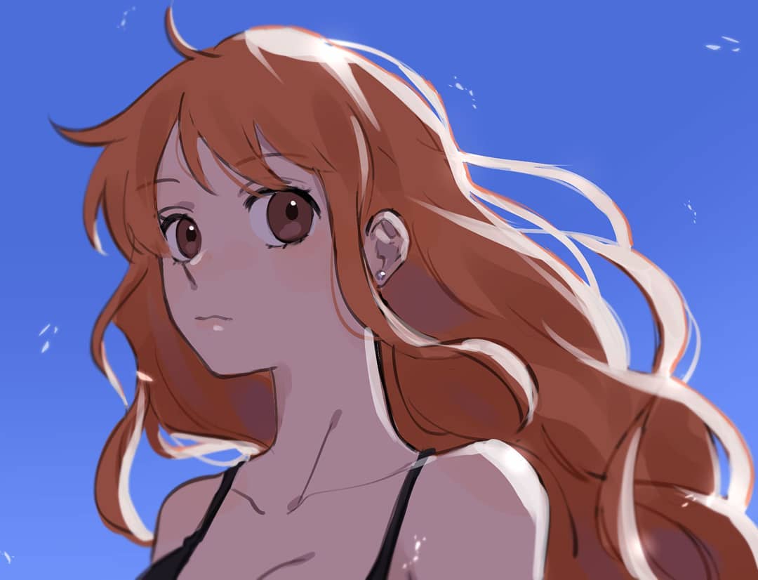 the image is a digital fan art drawing of nami from the anime one piece.  she is depicted from the shoulders up, her long orange hair flowing in the wind, suggesting a beach or outdoor setting. the background is a clear blue sky. nami's expression is somewhat pensive or serious. she's wearing a darkcolored swimsuit strap and has an earring visible. the art style is soft, with slightly blurry lines and subtle shading. the overall mood is serene and peaceful.