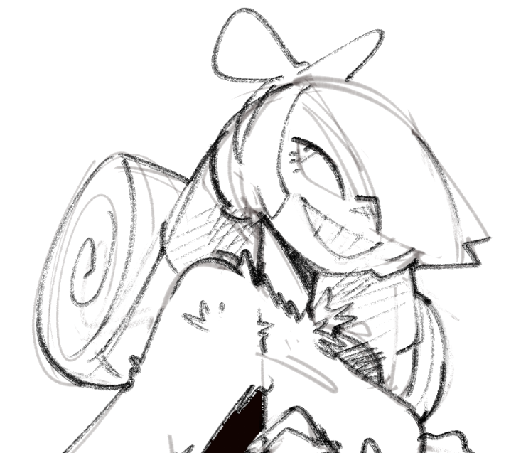 this is a drawing of a young woman in an anime style with a big backpack, wearing a hat with a ribbon. she is smiling and has a happy expression. she is standing with her right arm up in the air and her left arm down. the drawing is in black and white with light shading. the drawing is drawn with thick black lines, suggesting a rough sketch.  the drawing is created with a digital style, but it mimics a handdrawn sketch.