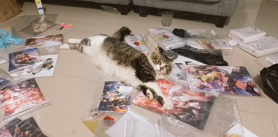 a tabby cat lays on the floor surrounded by stacks of colorful anime posters in plastic wrapping. there is a pair of pink and green scissors off to the left of the image. the cat is looking up at the camera with a playful expression.