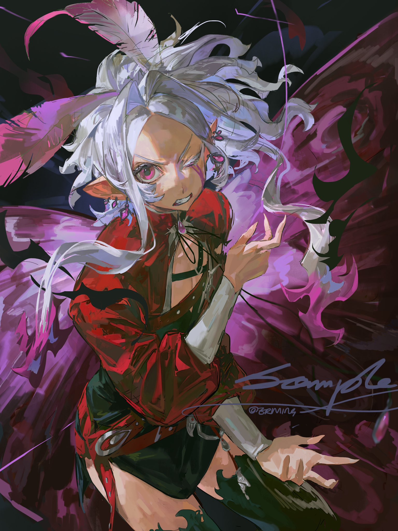 a stunning illustration of a young anime girl with long, flowing white hair and purple wings. she's wearing a stylish red and black outfit and has a fiery expression on her face, suggesting a powerful and magical presence. the artwork is beautifully rendered, full of vibrant colors and intricate details, capturing a sense of mystery and wonder.