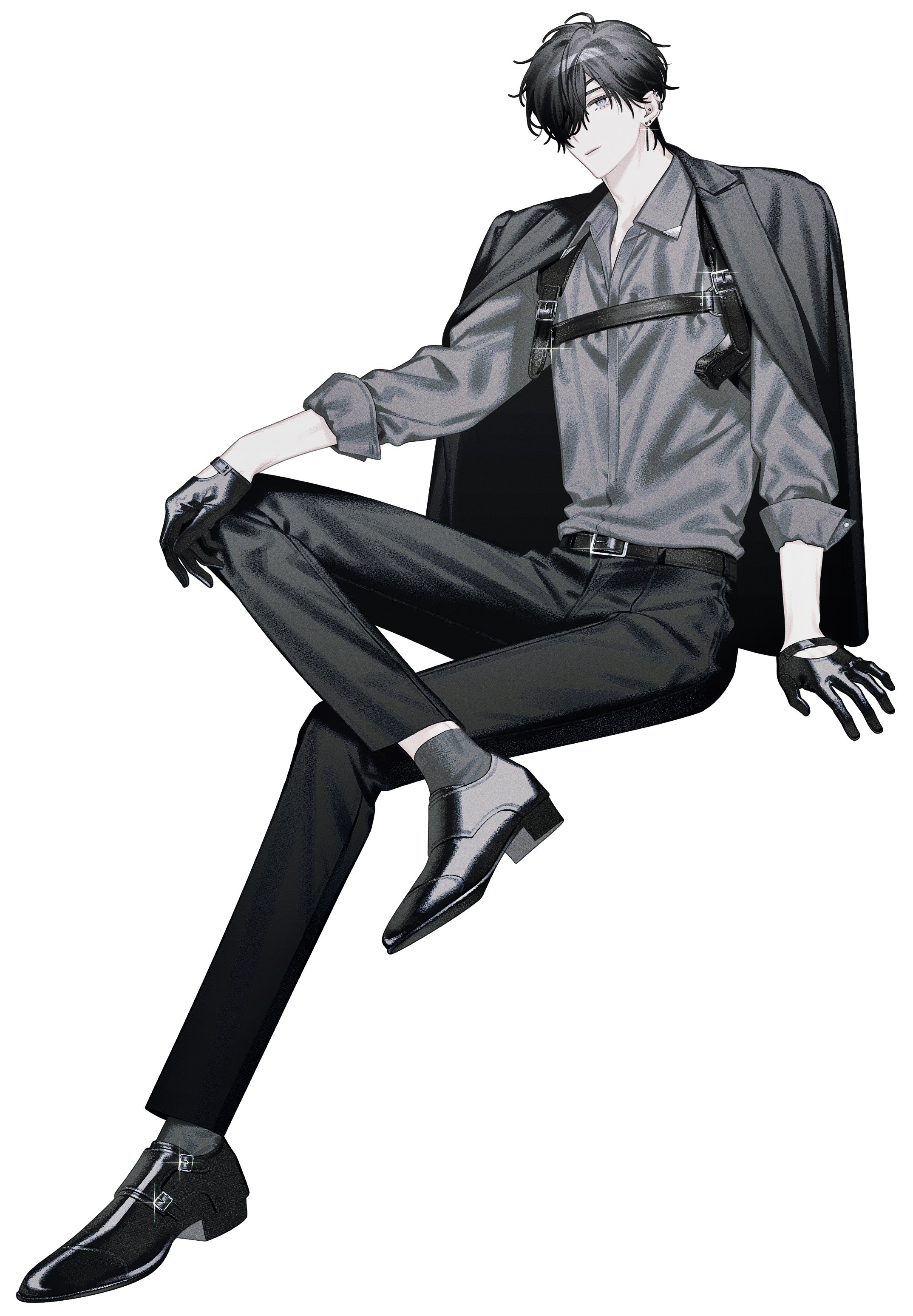 the image is a monochrome illustration of an animestyle male character. he's sitting with his legs crossed, wearing a stylish suit and accessories. the art style is sleek and modern, with emphasis on fashion and pose. the character looks elegant and cool. the overall mood is dark and slightly mysterious due to the monochrome color scheme.
