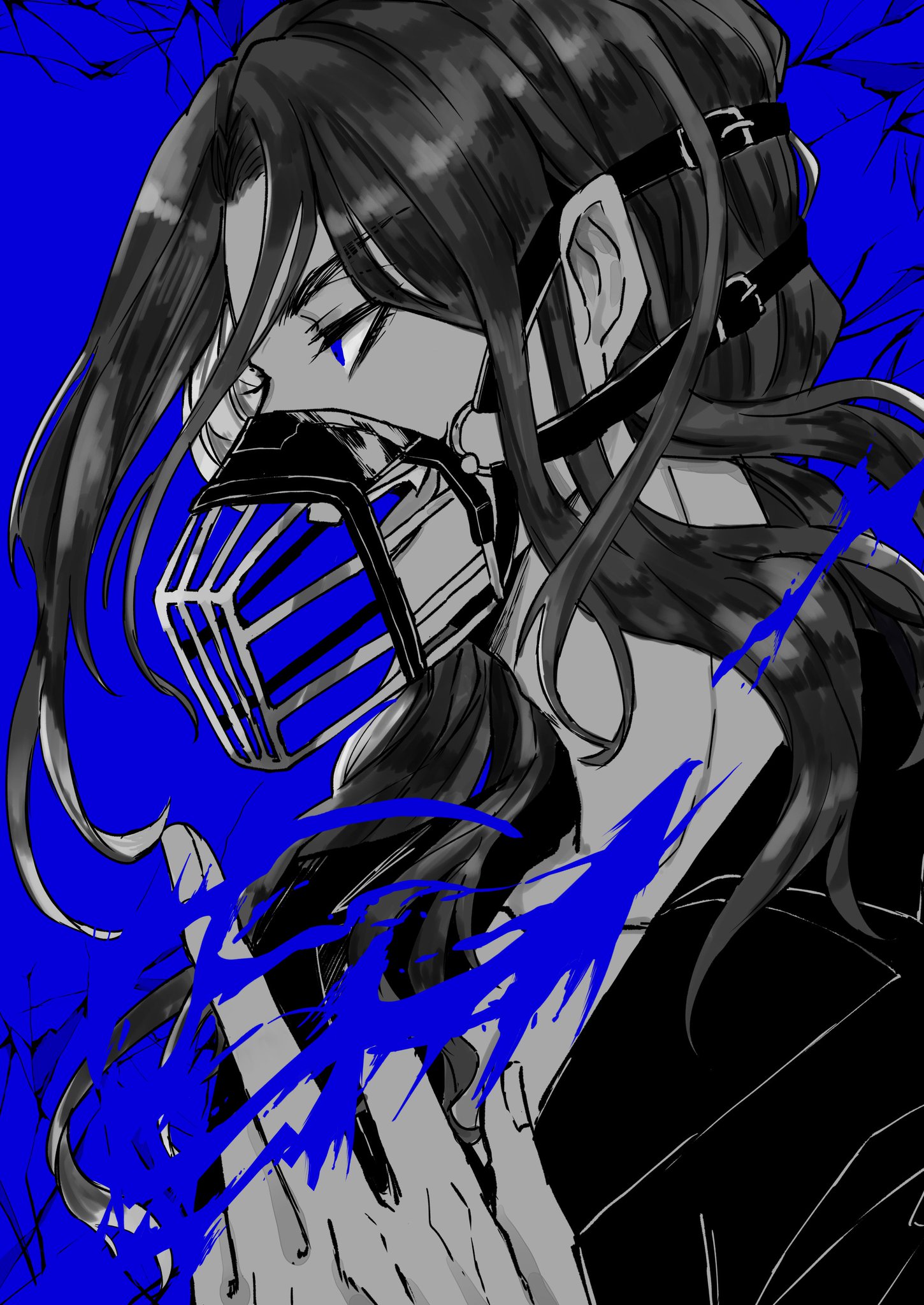 a black and white illustration of a woman in an anime style with long black hair, wearing a black and blue mask. the image has a blue background with some splatters of blue paint.  the woman is looking to the right of the image.