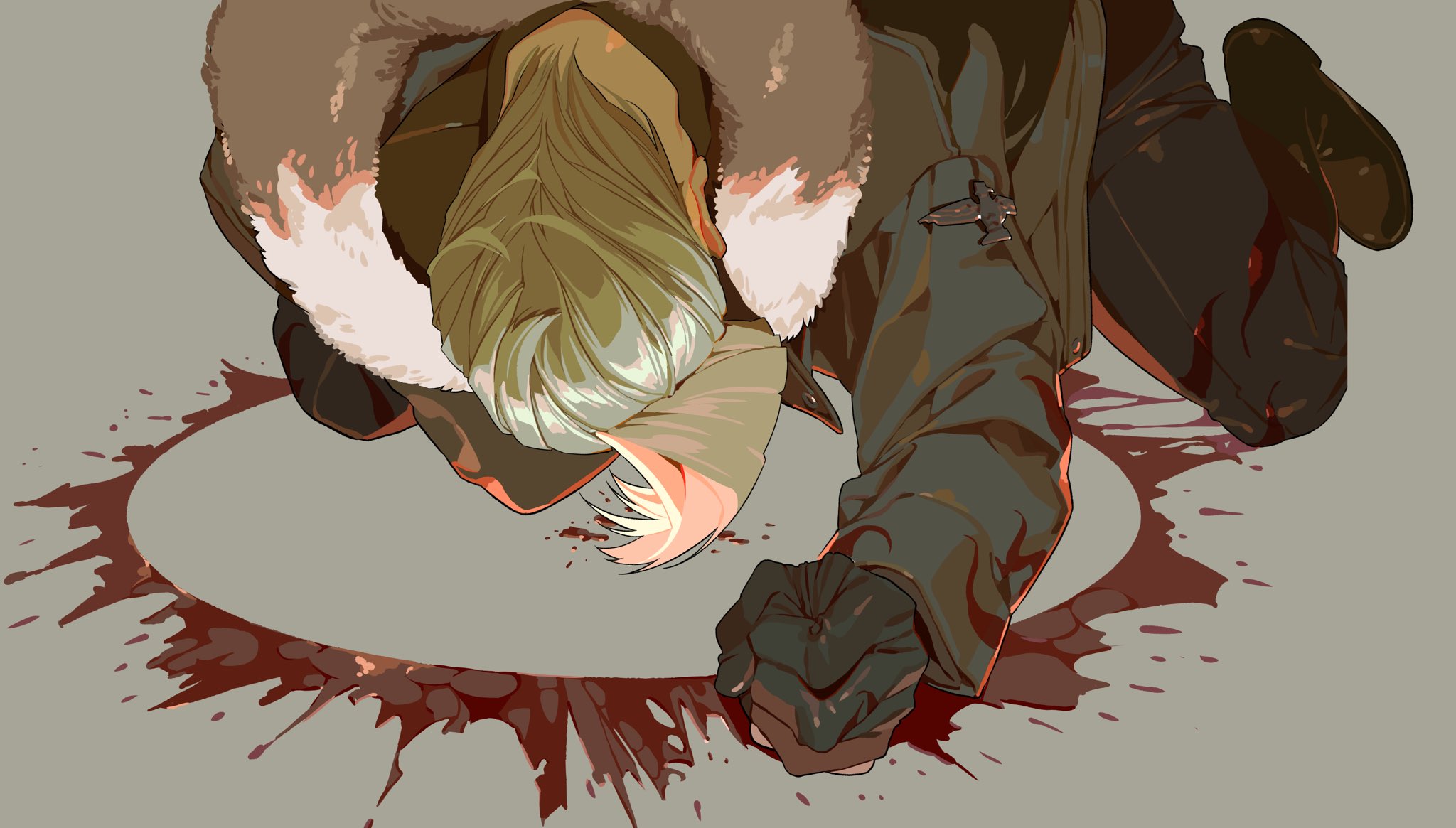 an anime drawing depicts a man kneeling in a pool of blood. he wears a jacket with a fur collar and gloves. he looks distressed and appears to be in despair.