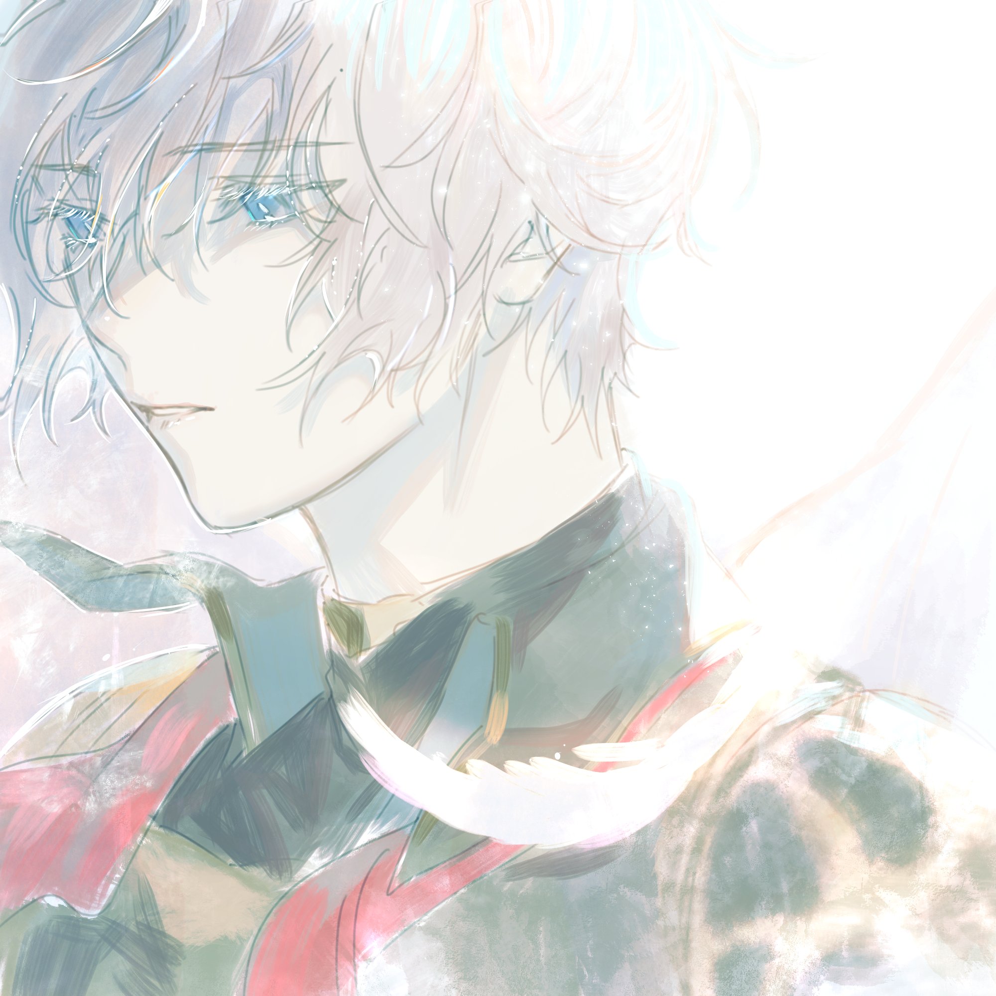 a closeup drawing of a male anime character with white hair and blue eyes. he is looking down and has a sad expression on his face. the drawing is done in soft colors and has a blurry background. the character is wearing a white uniform with a red sash. there is a white light around the character. the artwork is in a manga style.