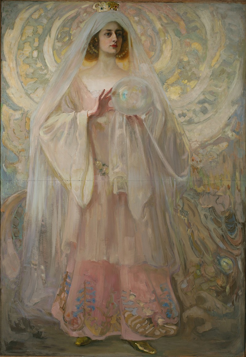 a fulllength oil painting depicts an elegant woman in a light pink robe and veil, holding a glowing orb. she has long hair, wears a crown, and adorns a pearl necklace. the painting is done in an art nouveau style with light colors, resembling an edwardian era portrait.