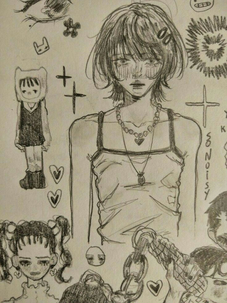 the image is a pencil sketch featuring a central figure of a young animestyle girl with short hair, wearing a tank top and necklace.  the style is expressive and slightly messy, with a mix of detailed and sketchy elements.  surrounding the main figure are various smaller doodles and drawings, including a character reminiscent of adventure time, hearts, crosses, a chain, and other abstract shapes. the overall aesthetic is grunge, alternative, and slightly edgy, with a mix of cute and quirky elements.  the text "so noisy" is visible on the right side.  the sketch is detailed and shows a range of artistic styles within a single composition.
