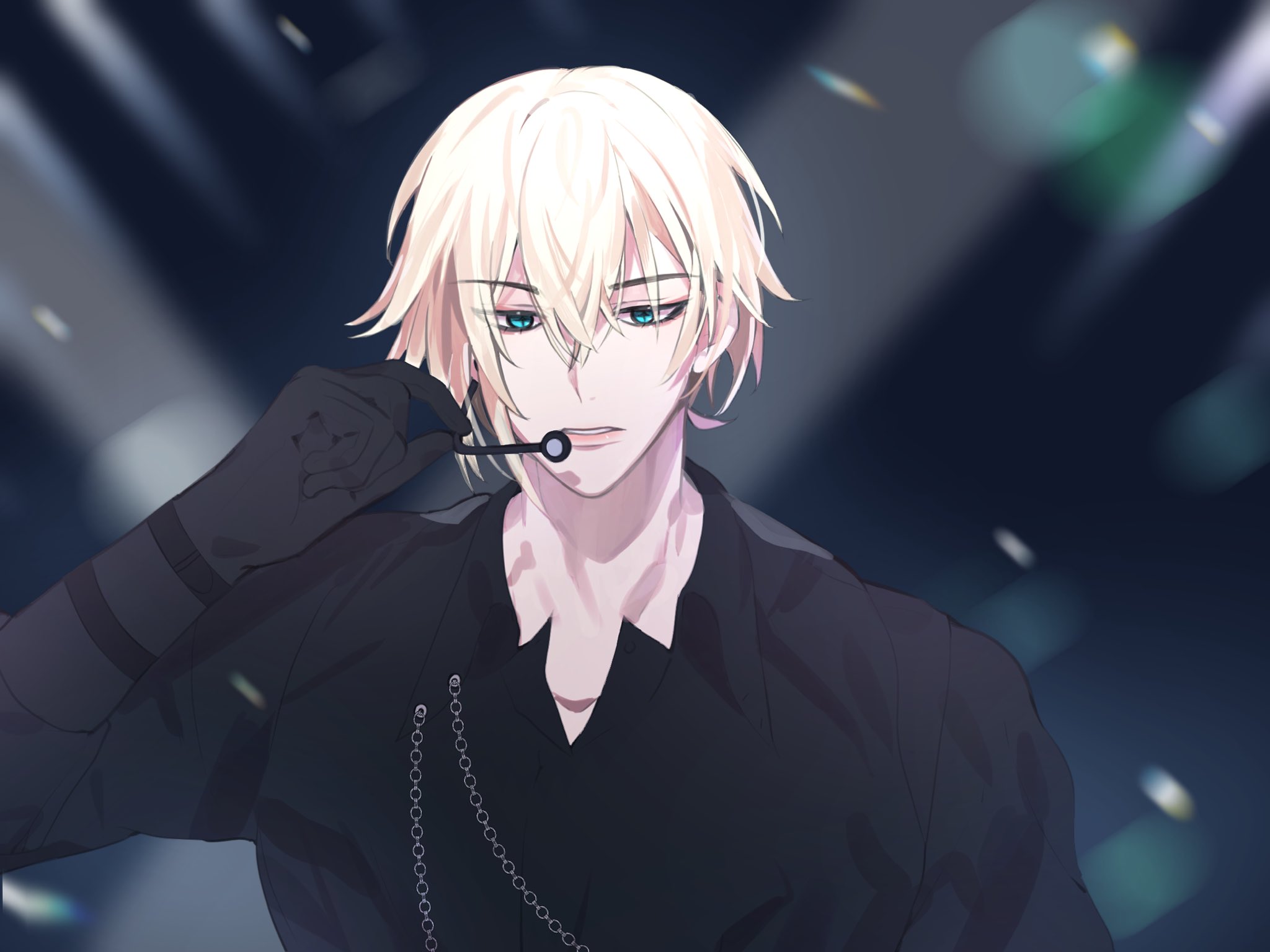 a close up portrait of a blonde haired anime male character with blue eyes. he's wearing a black shirt with a chain necklace and a microphone. he's standing on a stage with lights in the background. he looks like a singer or performer.