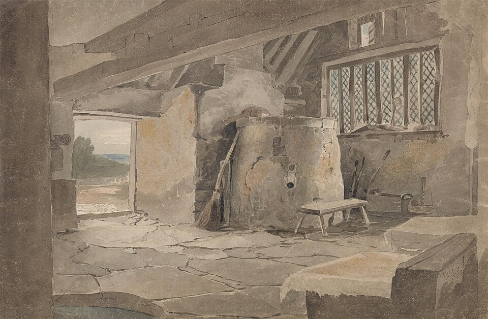 the image shows a watercolor painting of a building interior. the room features a stone floor with irregular, large stones. an open doorway leads to a view of a countryside landscape. a large stone oven is positioned against the wall, with a broom leaning beside it. a small wooden bench sits nearby. a window with diamondshaped panes is located on the right side of the image, providing light to the interior. beams are visible in the ceiling, adding to the rustic charm of the building.