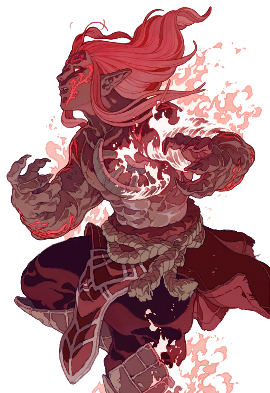 the image is a digital illustration of a fantasy elf warrior engulfed in flames. the elf has red hair, red eyes, and is wearing a red and brown outfit. the elf is gripping its claws with a fierce expression, as if about to attack something. the fire around the elf is depicted in a dramatic and powerful way, making the elf look fierce and dangerous. the background is mostly white, with some pink and orange flames. the image is highly detailed and dynamic, with the elf in midaction. overall, the image conveys a sense of power, danger, and excitement.