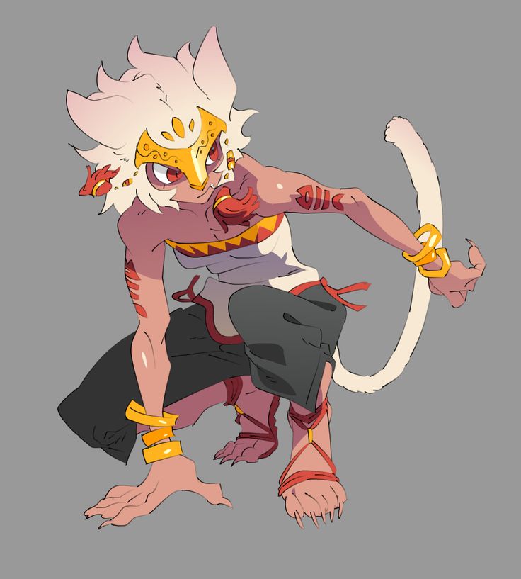 this is a digital drawing of an anthro character with white fur, red eyes, and a golden mask, wearing black pants, a white shirt, and golden bracelets. the character has a white tail.