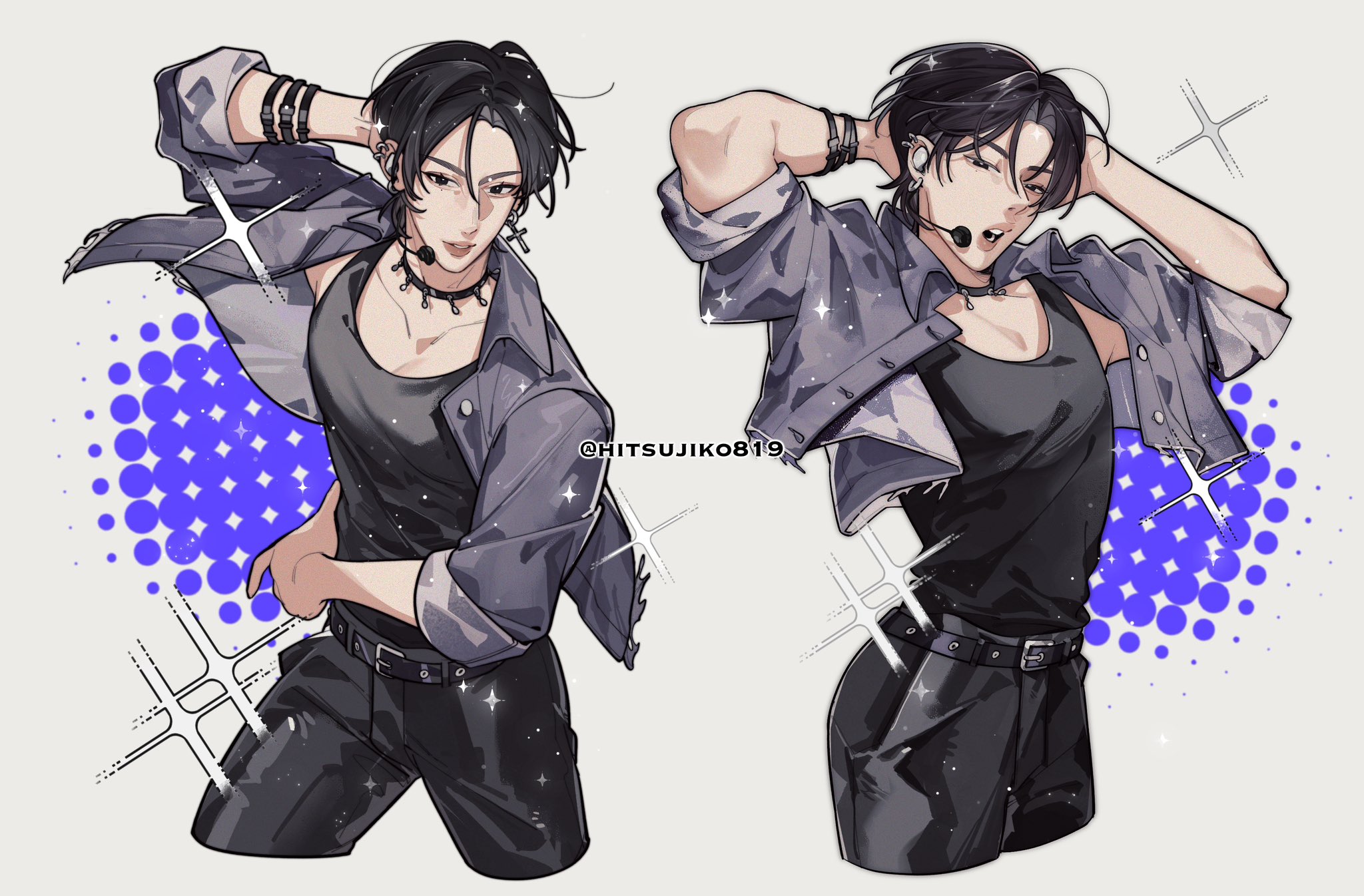 the image features two poses of the same original character, drawn in an anime/manga style. he is a young man with short black hair styled with a part, striking dark eyes, and a confident expression. he wears a stylish outfit consisting of a black tank top, black pants, and an oversized gray denim jacket with rolledup sleeves. the jacket is adorned with sparkling details, reflecting the stage lights. he also wears a black choker necklace. in one pose, he holds his hand up, fingers spread, while in the other, he adjusts an inear monitor with one hand while the other rests behind his head, highlighting his sharp jawline. the background is an abstract blend of white and a vibrant blue pattern, further emphasizing the dynamic, stageready energy of the piece.